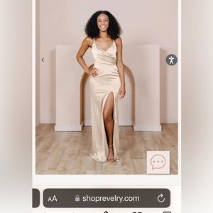 Revelry Rava in Satin Gold Champagne bridesmaid dress